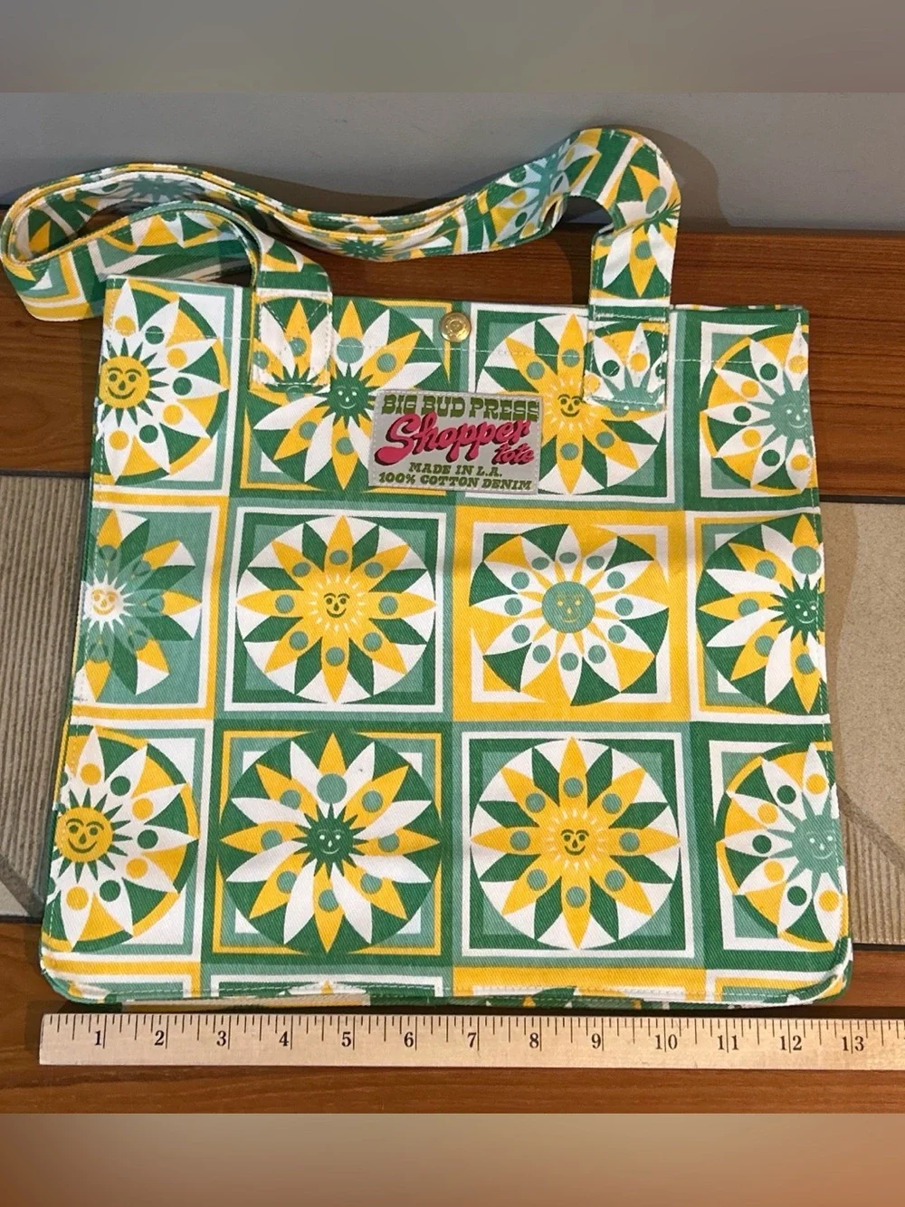 Big Bud Press Green, Yellow & White Cotton Shopper Tote with Sunburst Pattern